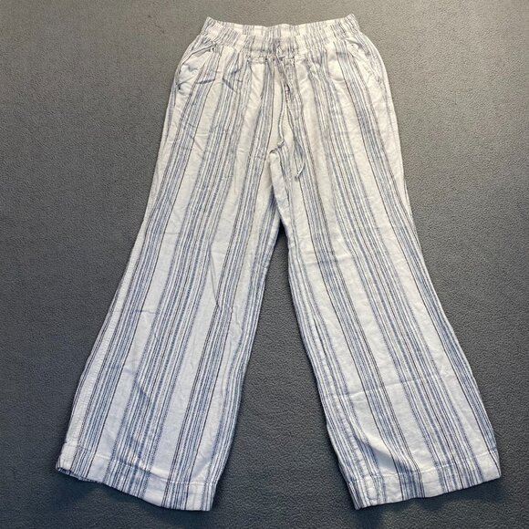 Briggs Womens Wide Leg Pants SZ M White & Blue Striped Elastic Waist Linen Blend - Picture 3 of 12